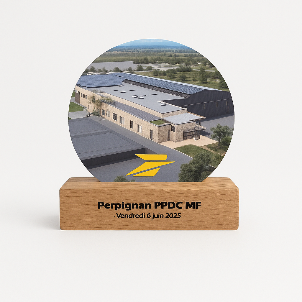 Trophée personnalisé en bois et plexiglass – fabrication sur mesure
