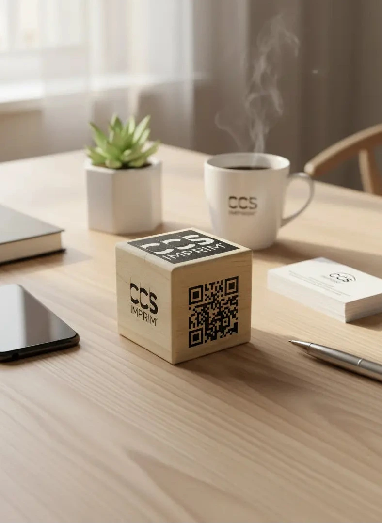 Cube en bois personalisé publicitaire imprimé (Wifi,Fonction,QR code)